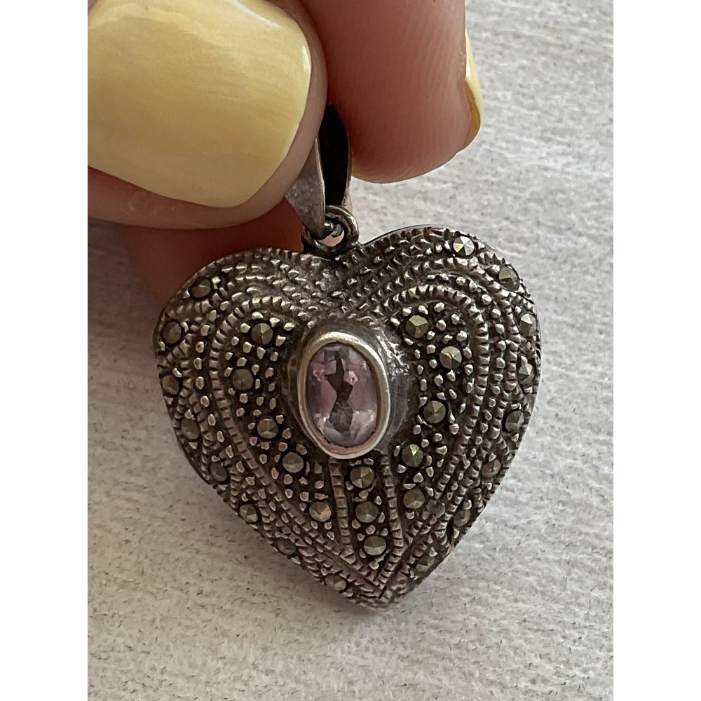 vintage sterling silver heart locket pendant Amethyst & Marcasite 925 Estate